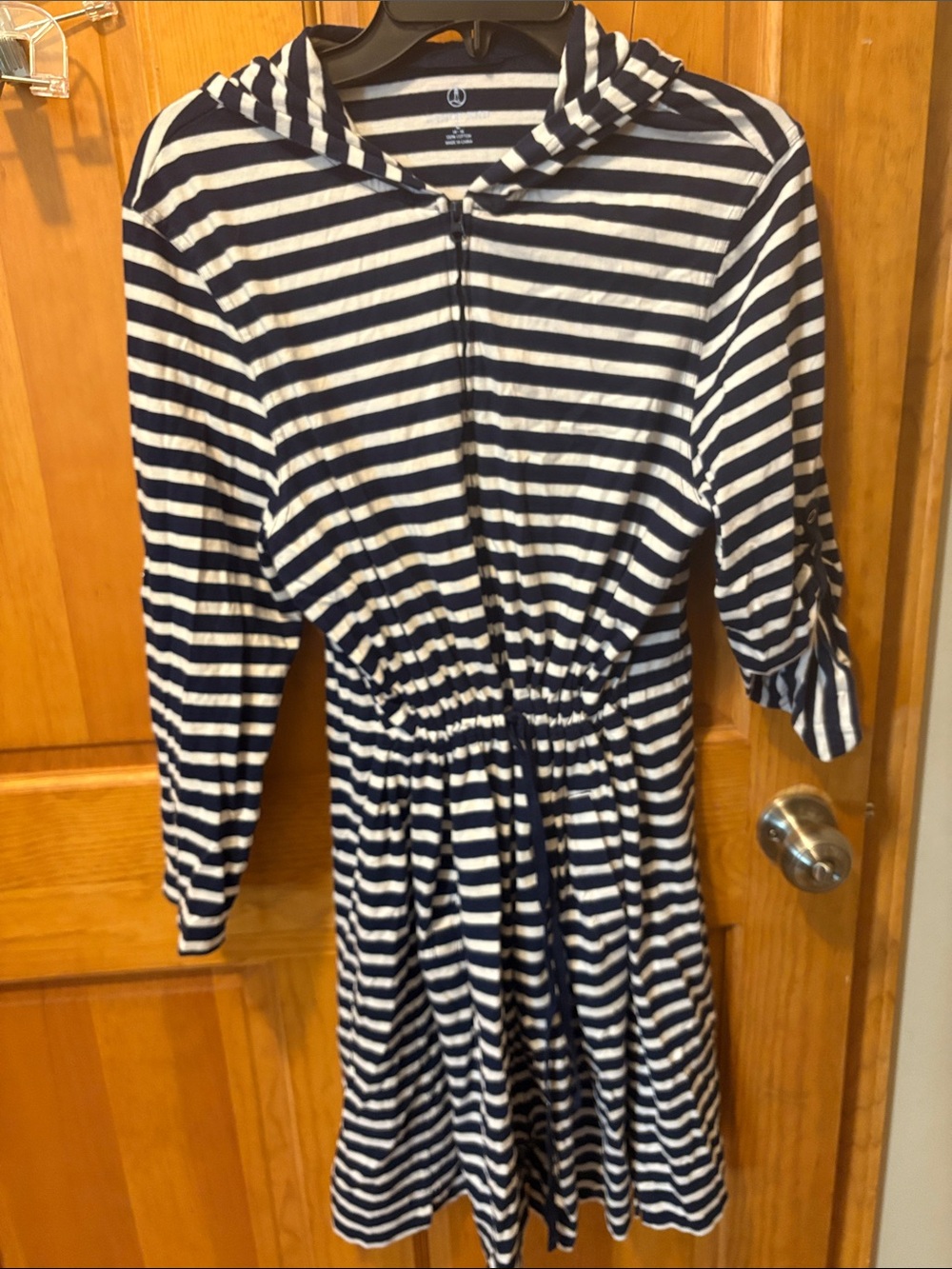 Lands' End Navy & White Striped Hooded Swim Coverup Dress